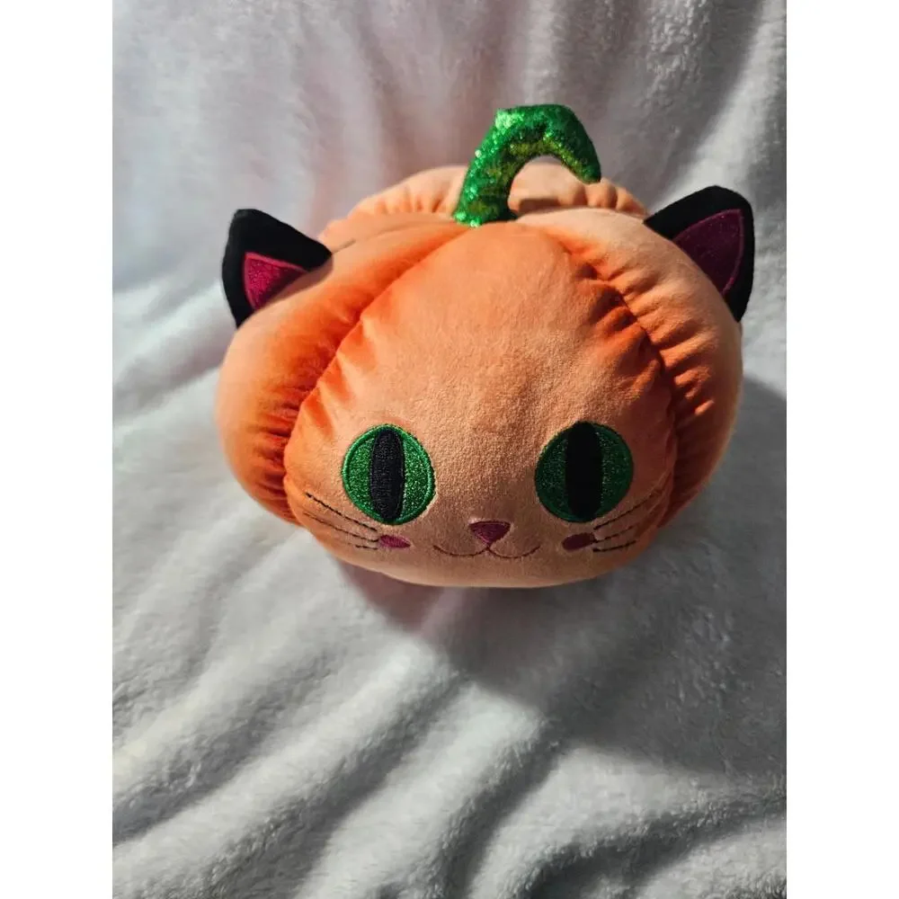 Hug Fun Kitty Cat Pumpkin Plush Toy Shiny Green Eyes Halloween Fall Decor 6" - Picture 4 of 10